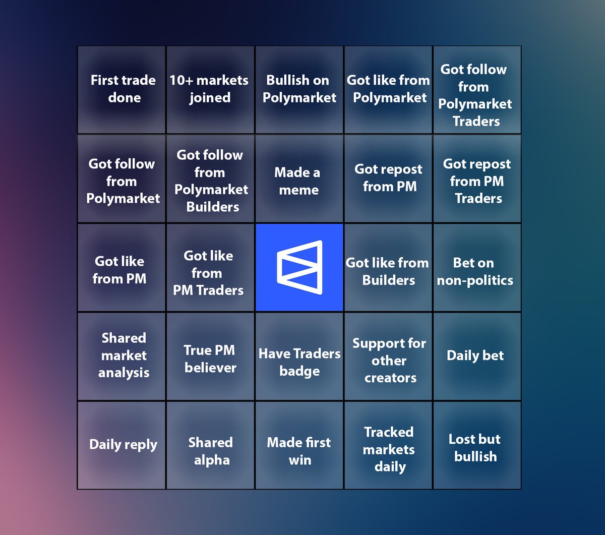 nlabplay's tweet image. hello Polymarket community
let's play BINGO!
QT this post to fill your squares