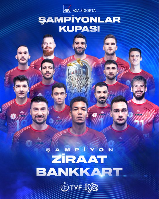 Group photo of male volleyball players from Ziraat Bankkart team wearing red jerseys with numbers and sponsor logos including AXA Sigorta, arranged in rows with some kneeling and others standing, all smiling and posing dynamically around a large golden trophy in the center, blue background with Turkish text ŞAMPİYONLAR KUPASI and ŞAMPİYON ZİRAAT BANKKART at top and bottom.