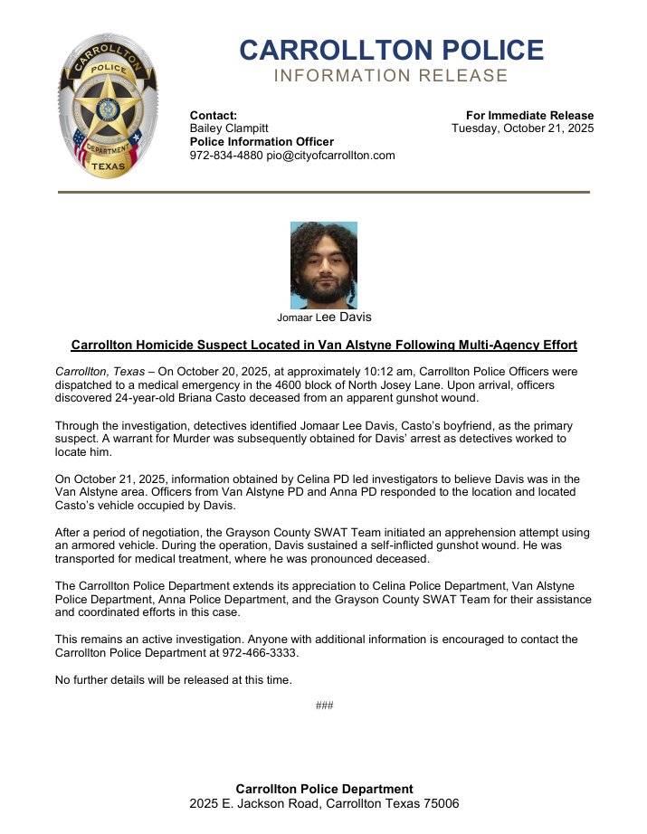 FOR IMMEDIATE RELEASE: Carrollton Homicide Suspect Located in Van Alstyne Following Multi-Agency Effort