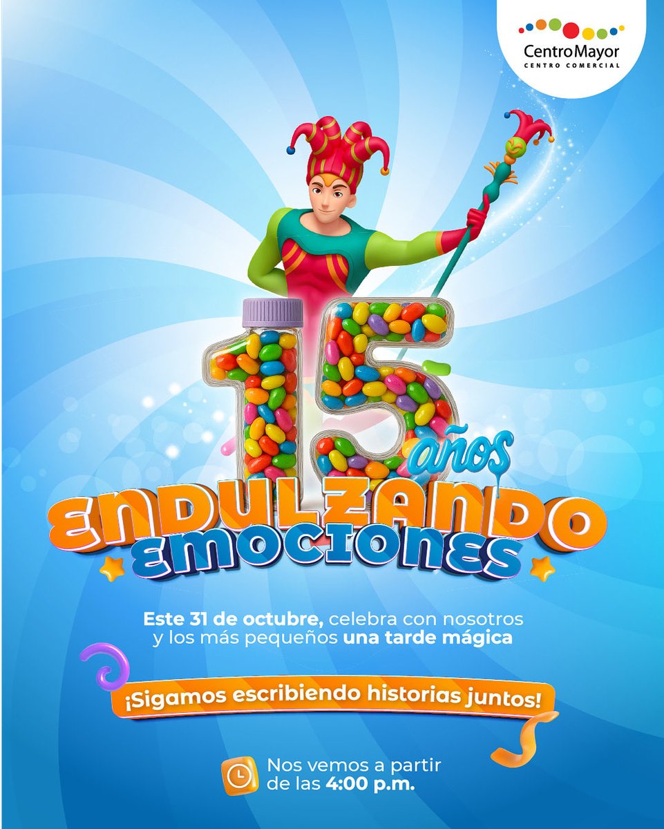 🍭 15 años endulzando emociones 🎉 
Este 31 de octubre desde las 4:00 p.m., ven con los más pequeños a disfrutar de nuestra gran entrega de dulces 🎃💜
Celebremos juntos una tarde mágica llena de diversión, sonrisas y sabor en el Centro Comercial de las Grandes Emociones ✨