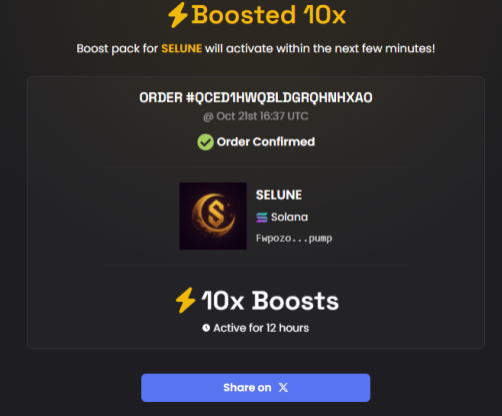 ⚡️ $SELUNE Boost Activated — 10x Live
The boost pack is confirmed and running — $SELUNE is now supercharged 🚀

Boost is active for the next 12 hours 🌙
Let’s make this wave count!

#Selune #Solana  #AI