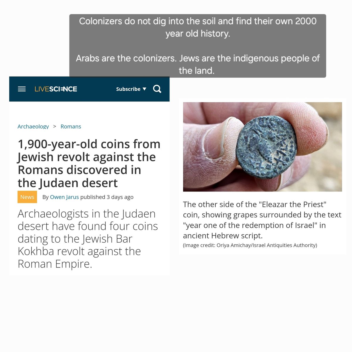 macklinh's tweet photo. @aldamu_jo Jews are the indigenous peoples of the land.
Jews have a unique +3,500 year continuous presence and history on the land.

Never has a colonizer dug into the soil and found their own 2000 year history. https://t.co/8rW2wNyJHY