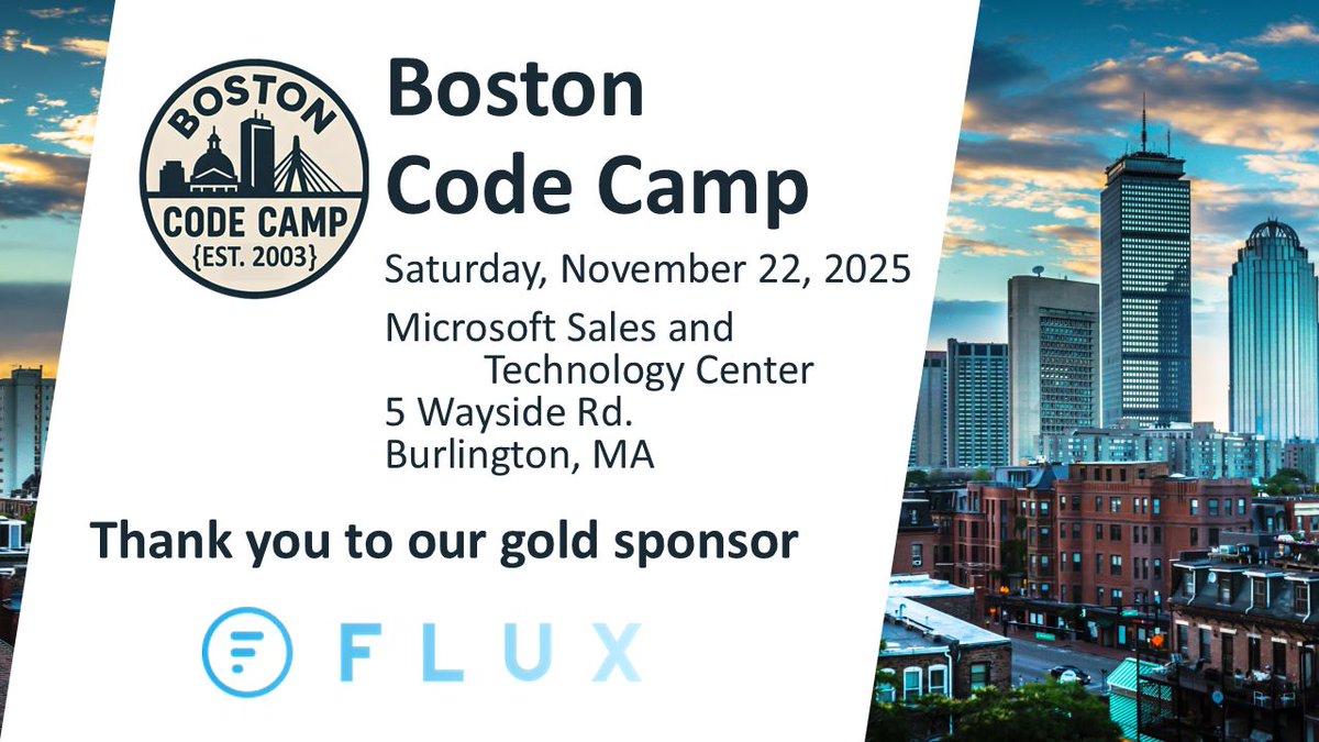BostonCodeCamp's tweet image. A big thank-you to @askflux_ai for their gold sponsorship of Boston Code Camp 39! Their support helps us keep the conference free for all attendees, offering a full day of learning and networking to the New England developer community.