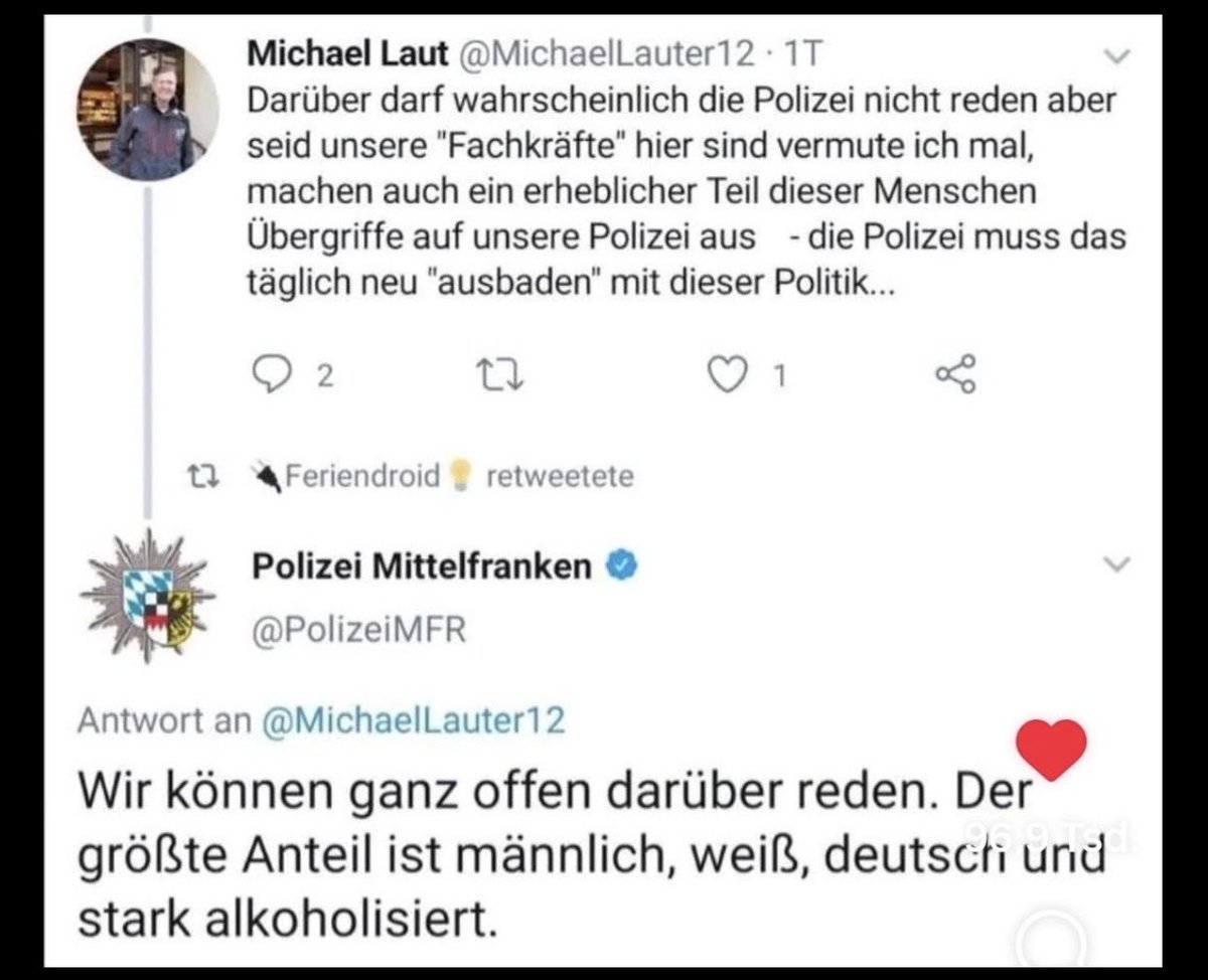 „Danke der Nachfrage, wir können ganz offen darüber sprechen. Der größte Teil ist männlich , deutsch und stark alkoholisiert“, Ihre Polizei👮‍♀️