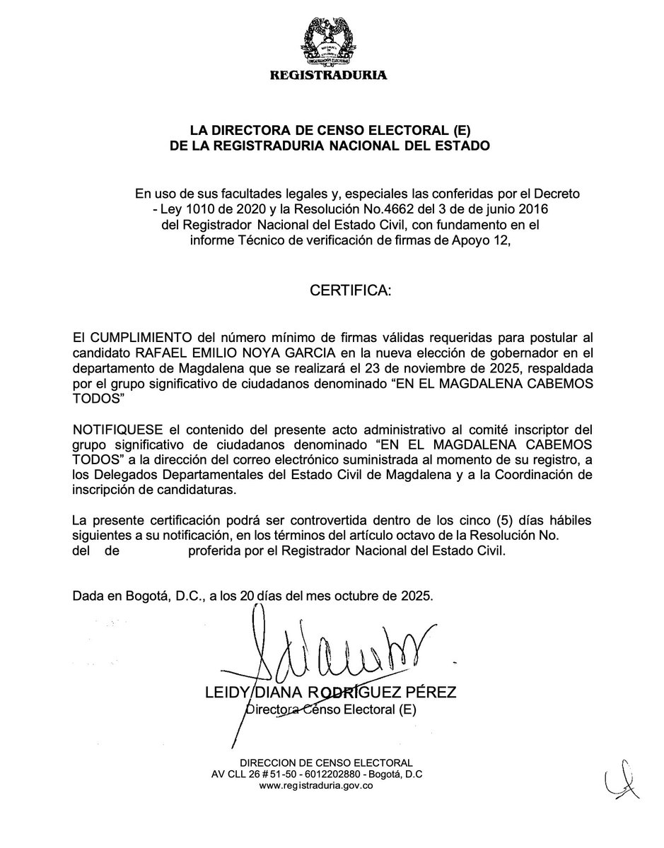 La <a href="/Registraduria/">Registraduría Nacional del Estado Civil</a> certificó oficialmente la validez de las firmas que respaldan mi candidatura a la Gobernación del Magdalena por el grupo significativo de ciudadanos “En el Magdalena Cabemos Todos”.

Gracias a los más de 311mil magdalenenses que confiaron y firmaron por este