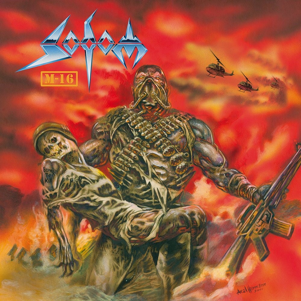DMTMPromo's tweet photo. October 22nd, 2001 Sodom released album: M-16. 
Sodom #thrashmetal 🇩🇪
• Tom Angelripper – Bass, vocals
• Bernd "Bernemann" Kost – Guitars
• Bobby Schottkowski – Drums
Harris Johns – Co-producer, mixing, recording.
Artwork by Axel Hermann.
Record label: Steamhammer https://t.co/U296vm09NA