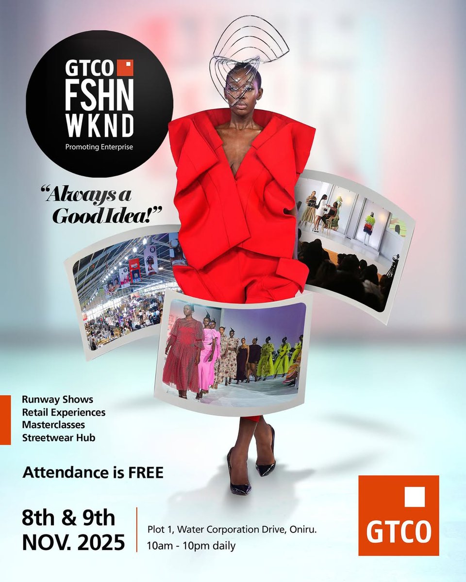 gtbank's tweet image. Join us on the 8th and 9th of November 2025, as we host the biggest Fashion Event on the Continent - Retail at affordable prices, Masterclasses and Runway shows!

The GTCO Fashion Weekend is Always a Good Idea!

📍Venue: Plot 1, Water Corporation Drive, Oniru, VI, Lagos

Time:…