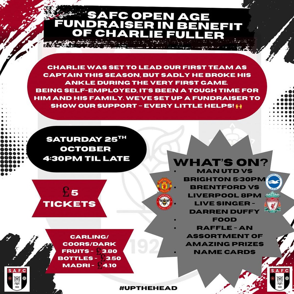 🍻THIS SATURDAY!! 🍻

Get your tickets now! 

Tickets can also be purchased on the door on Saturday night 🔴⚫️