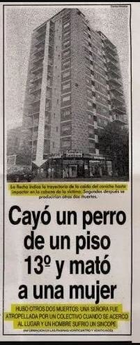 Se cumplen 34 años de la Tragedia del caniche: un perro cayó del piso 13, mató del golpe a una mujer que pasaba por el lugar, un colectivo mató a una persona que corrió a ayudar y un hombre murió de un infarto al ver los hechos.