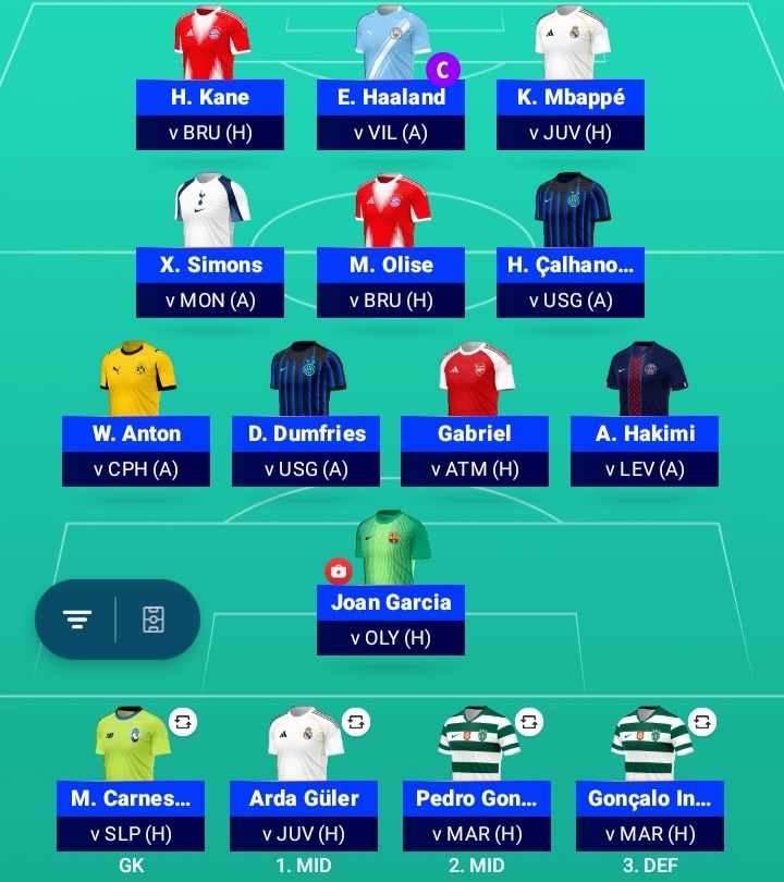 This is my #UCLFantasy team for Matchday 3.

Transfers: Huijsen + Thuram ➡️ Anton + Haaland
In the bank: €0.1m