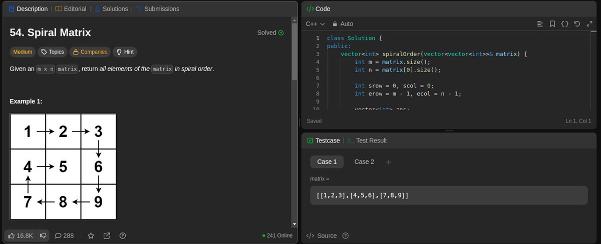_SahilNawal_'s tweet image. Day 14 – Spiral Matrix 🌀Today I solved the Spiral Matrix problem! Going layer by layer, element by element, its all about understanding how loop is going to work and defining there boundries. #DSA #100DaysOfCode #LeetCode #CodingJourne