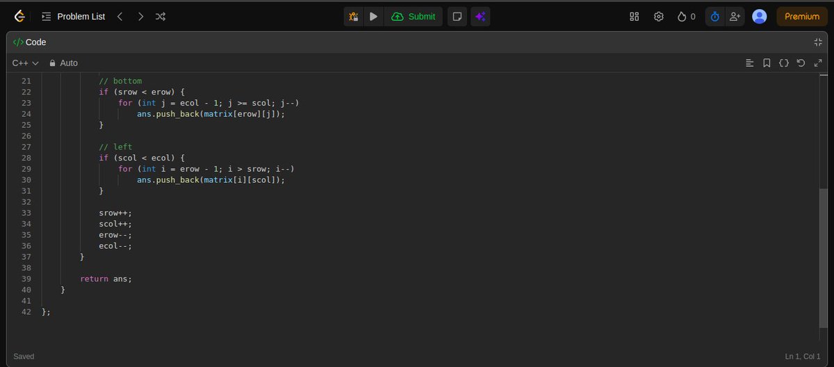 _SahilNawal_'s tweet image. Day 14 – Spiral Matrix 🌀Today I solved the Spiral Matrix problem! Going layer by layer, element by element, its all about understanding how loop is going to work and defining there boundries. #DSA #100DaysOfCode #LeetCode #CodingJourne
