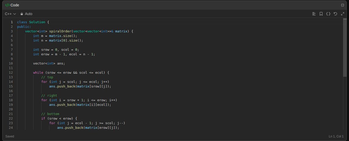 _SahilNawal_'s tweet image. Day 14 – Spiral Matrix 🌀Today I solved the Spiral Matrix problem! Going layer by layer, element by element, its all about understanding how loop is going to work and defining there boundries. #DSA #100DaysOfCode #LeetCode #CodingJourne