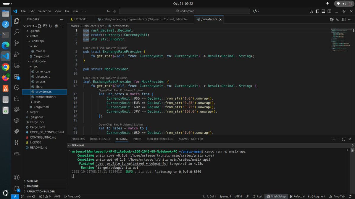 Mrtee_O_SOft's tweet photo. Day 4  #10DaysOfOpenSource 

made the currency module smarter today, it can now use different exchange-rate sources 

ExchangeRateProvider trait
MockProvider (default) FixedRateProvider (custom HashMap rates)
API support via optional “provider” field https://t.co/KlvP9veejm