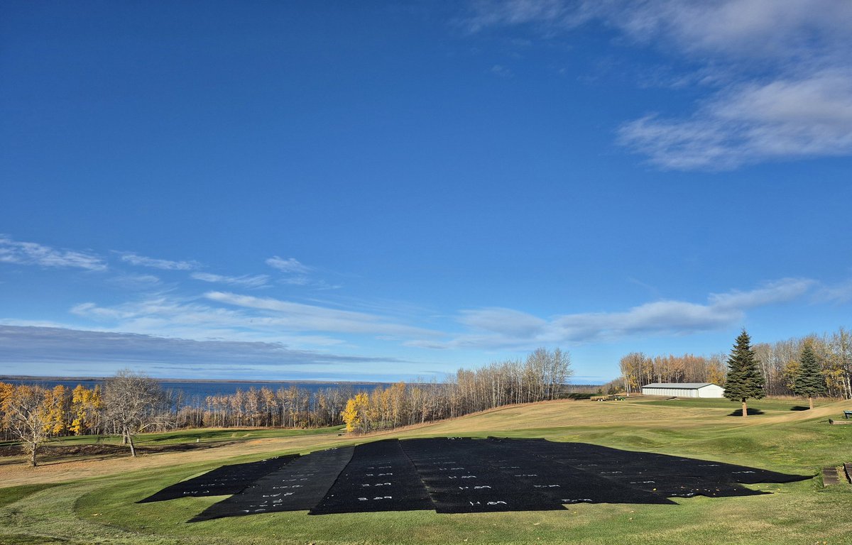 Good times. Spent most of yesterday hauling tarps to B9 greens &amp; PG. We'll button up as many as we can today. New greens on the F9 are going to be more time-consuming. They're way bigger and need enkamat to be custom cut. #LLBGC