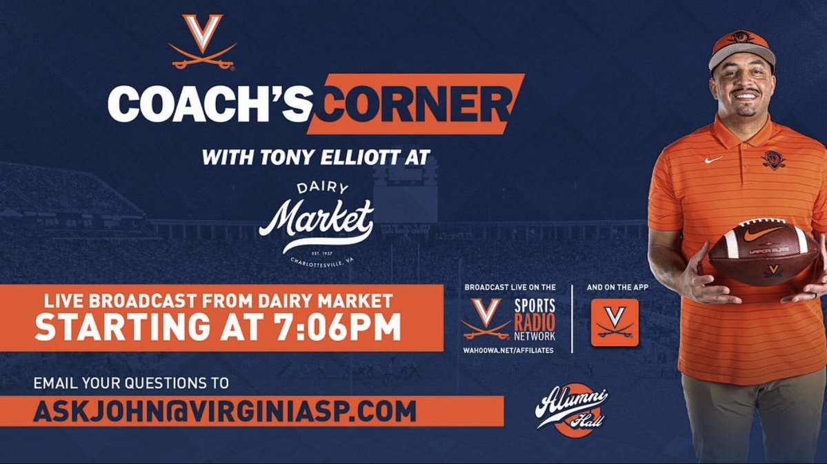 Coach’s Corner with Tony Elliott is back tonight! Join Coach Elliott and student-athlete guest Trell Harris at Dairy Market for the live broadcast from Milkman’s Bar.

Tune in from home:
📱 Virginia Sports App
📻 Virginia Sports Radio Network

#GoHoos