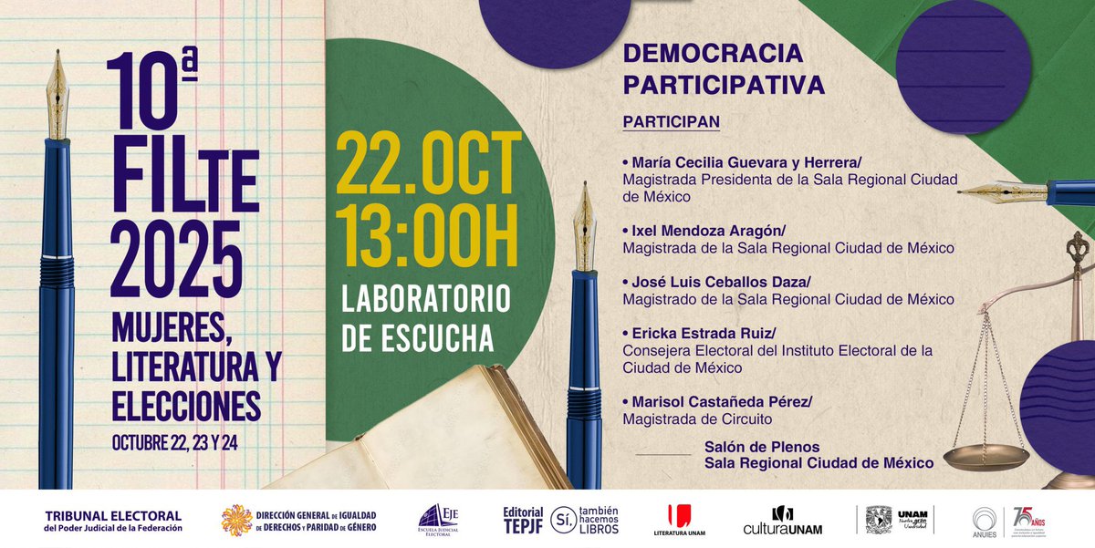 👩‍⚖️ Este miércoles magistradas y especialistas en justicia electoral y participación ciudadana estaremos dialogando sobre los retos de la #DemocraciaParticipativa en México.

📍#FILTE2025 – Mujeres, Literatura y Elecciones

🗓️ 22 de octubre | 🕐 13:00 h

#TEPJF #Igualdad