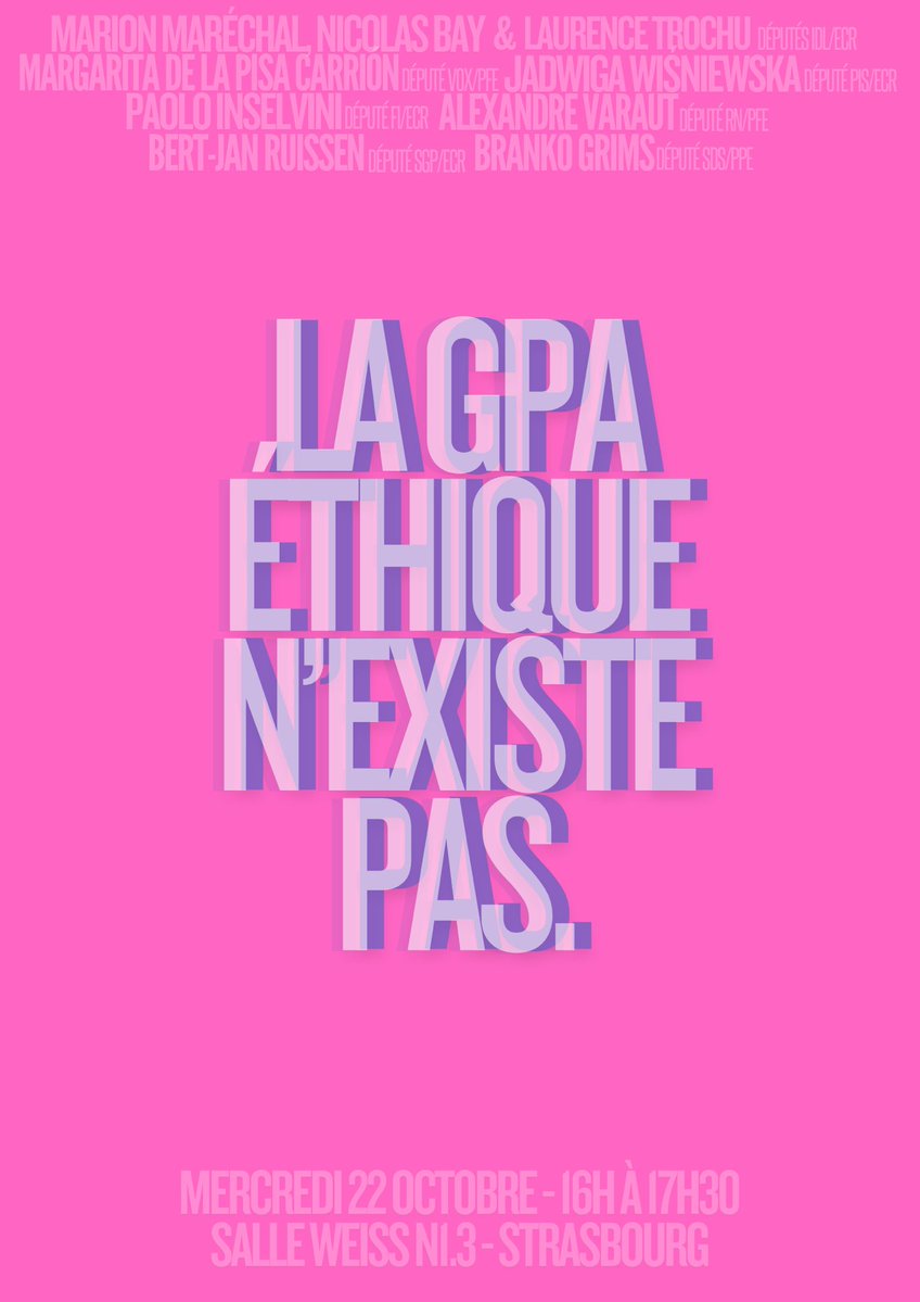 À la veille du débat crucial au <a href="/PEStrasbourg/">Parlement européen</a> sur la #GPA, je le réaffirme : il n’existe pas de GPA éthique. 

C’est pourquoi, avec <a href="/MarionMarechal/">Marion Maréchal</a>, <a href="/NicolasBay_/">Nicolas Bay</a>, <a href="/MargaPisa/">Margarita de la Pisa</a>, <a href="/j_wisniewska/">Jadwiga Wiśniewska</a>, <a href="/PaoloInselvini/">Paolo Inselvini</a>, <a href="/AlexandreVaraut/">Alexandre Varaut</a>, <a href="/hjaruissen/">Bert-Jan Ruissen (SGP EP)</a> et <a href="/BrankoGrimsX1/">Branko Grims</a>, j’organise, à