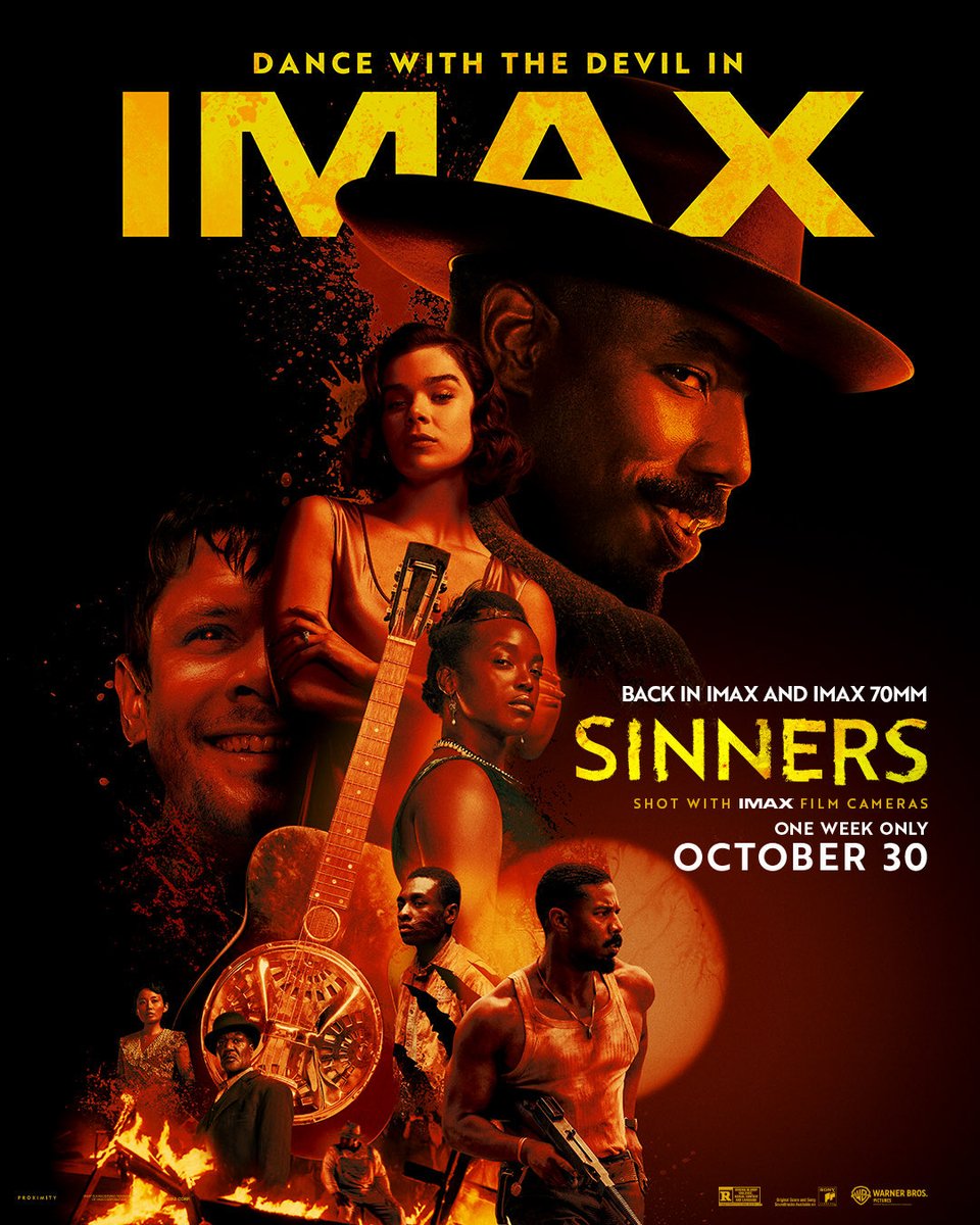 FilmUpdates's tweet image. A new poster for the IMAX re-release of Ryan Coogler’s ‘SINNERS’ has been released.
Returning to theaters from October 30 to November 5.