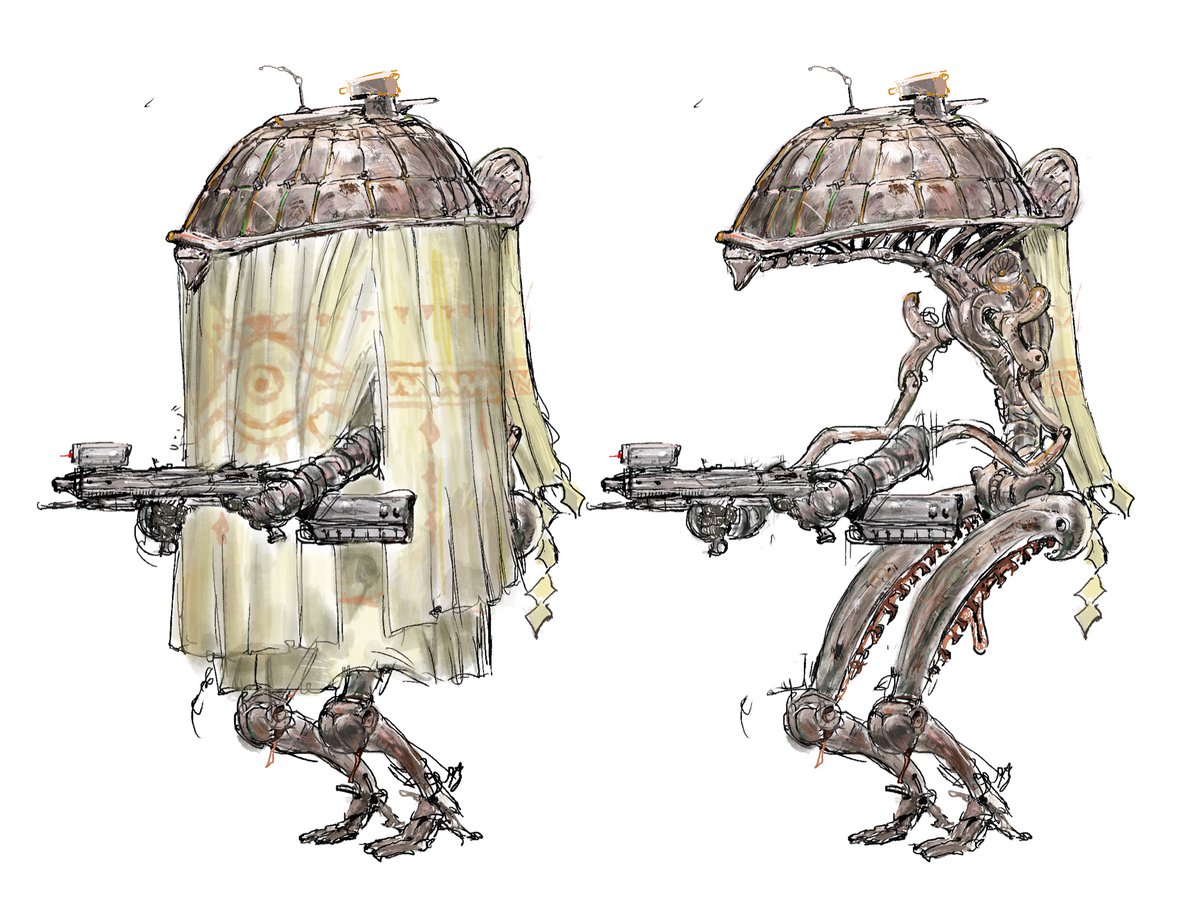 TheFaiao's tweet image. A Cangaceiro type frontier bot. Once numbering in the tens of millions in active duty, it's fallen out of use due to an age-related sentience bug.
Still quite a few patrol the hazardous environments of remote planets that fight for independence from the Paraglacia bloc.
