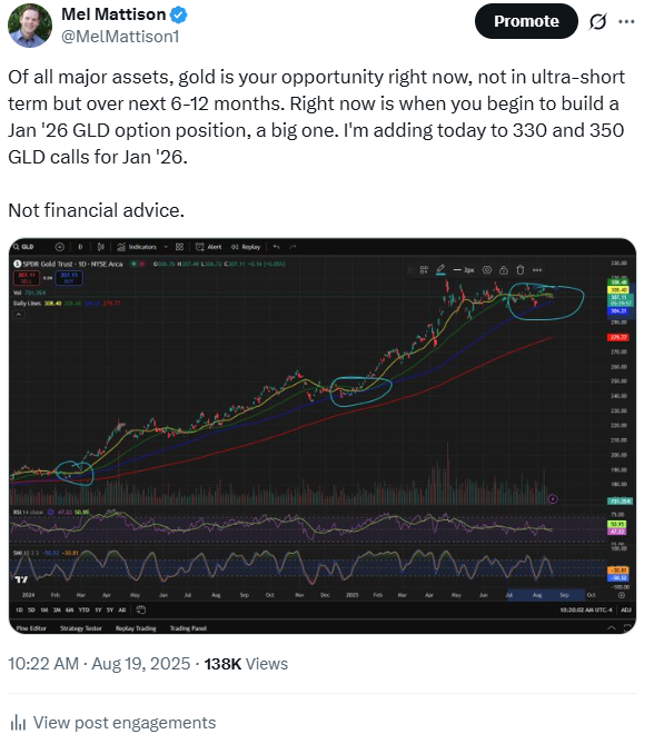 MelMattison1's tweet image. In August, I pounded the table to buy gold. In April, I pounded the table to buy equities. This week, I pound the table to buy BTC. A massive run incoming.
