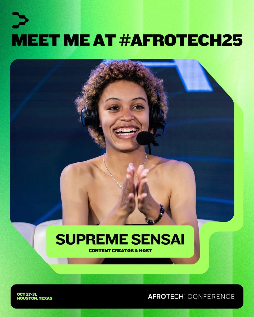 I’m hosting two meetups at #AFROTECH25 in Houston! 🎮📱

🎮 Gaming Meetup Presented by EA
🗓️ Oct 29 | 3–4:30 PM | 2nd Floor Balcony C

📱 Creators Building w/ Supercell
🗓️ Oct 30 | 11 AM–1:30 PM | Balcony B

🎟️ attendee-aftc2025.streampoint.com/?utm_source=pa…

<a href="/AfroTech/">AfroTech</a>