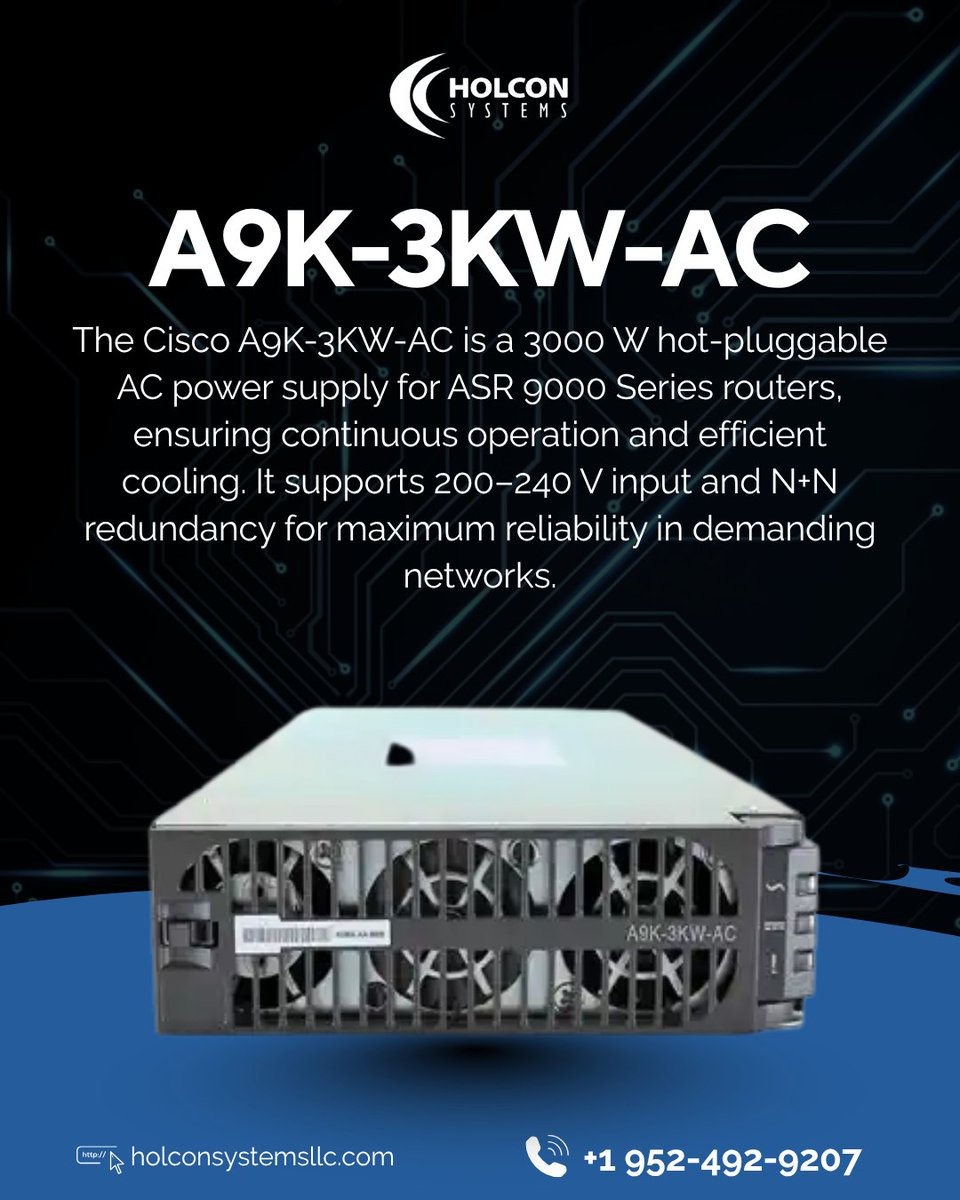 exciscokit's tweet image. Power up your network with confidence using the Cisco AgK-3KW-AC — a 3000 W hot-pluggable AC power supply built for ASR 9000 Series routers. 
#holconsystems #networkingsolutions #ithardware #networkefficiency  #businessconnectivity