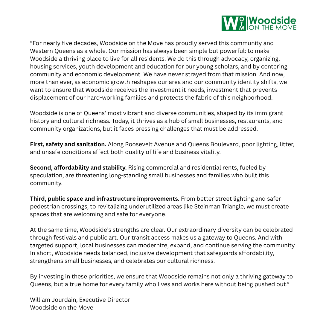 WoodsideMoves's tweet photo. State Comptroller DiNapoli's Economic Snapshot of Woodside, Sunnyside, and LIC release, Executive Director William Jourdain expressed what the neighborhood of Woodside needs. Read the full statement on the next slide and report in our bio.
https://t.co/5PaHhFFnsD https://t.co/E69FopTkN9