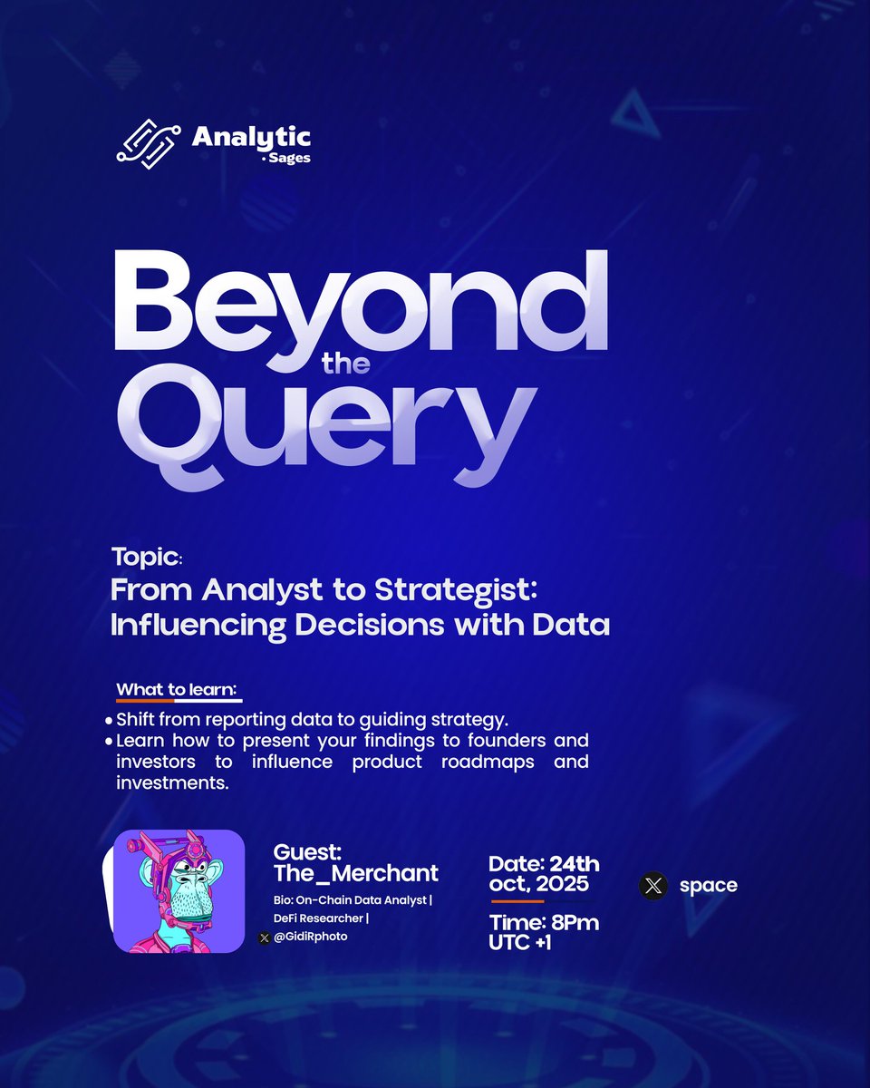 AnalyticSages's tweet photo. New Series Unlocked!!! 🚀

Join our next Beyond the Query session:
"From Analyst to Strategist: Influencing Decisions with Data".

We're excited to have @GidiRphotos guide us on how to shift from just reporting data to guiding key decisions.

Link: https://t.co/41qHCIlD2T