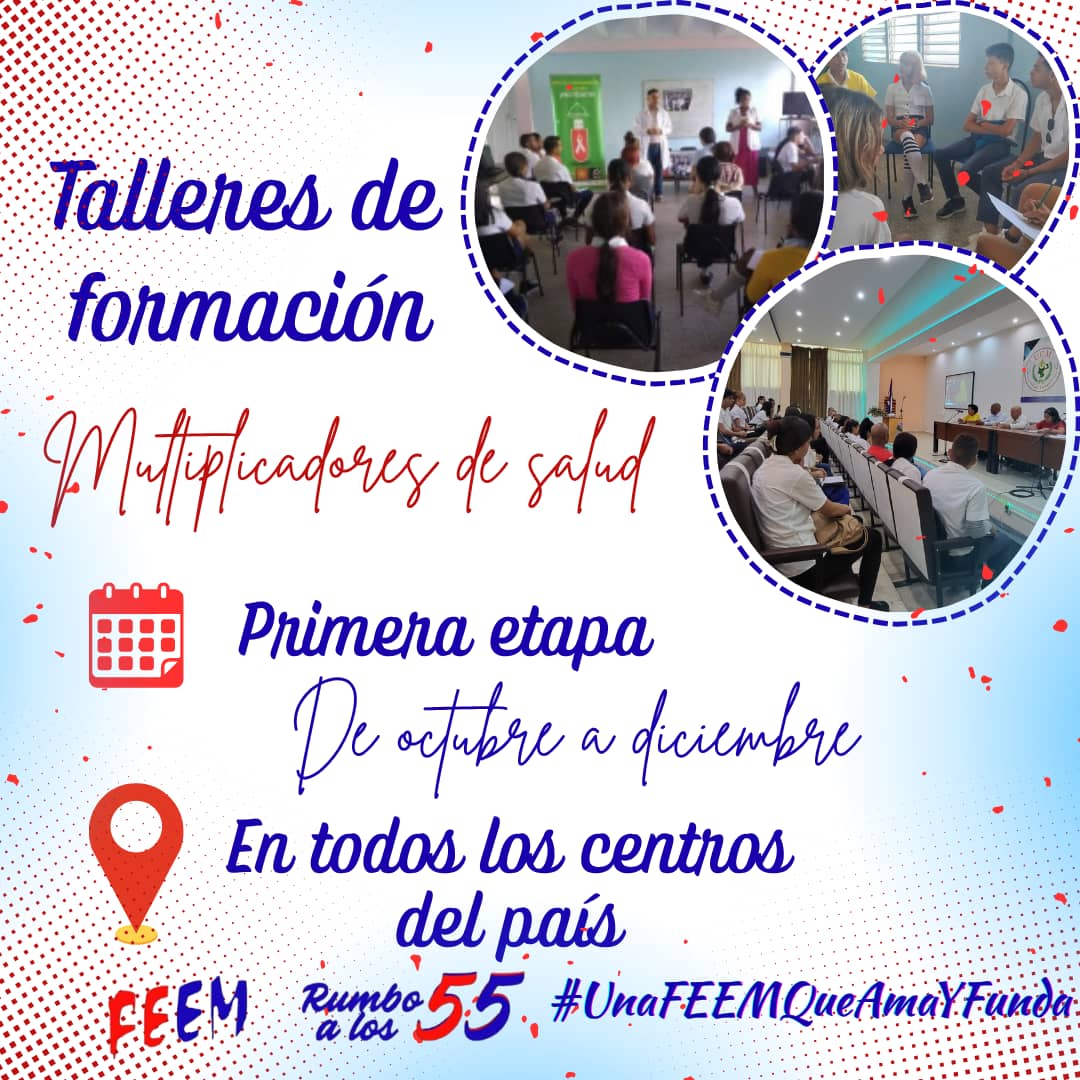 ¡Cursos Multiplicadores de Salud de la #FEEMdeCuba 🇨🇺!
Espacio para reflexionar sobre el consumo de drogas 💊, embarazo adolescente 👶🏻 y ETS 🙅🏻‍♀️.
Únete para que no seas uno más ✊🏻 

#UnaFEEMQueAmaYFunda #HaciendoFuturo #RumboALos55 #100AñosConFidel