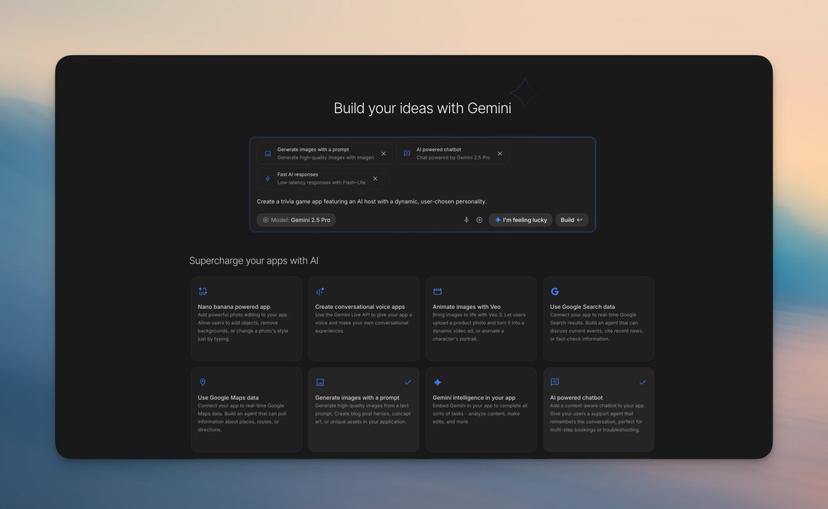GoogleAIStudio's tweet image. AI-powered apps. made for everyone.
our updated build mode lets you mix and match AI capabilities to turn your ideas into reality faster than ever, automatically wiring up the right models and APIs for you instantly
need a spark? hit "I'm Feeling Lucky" and let us help you get…