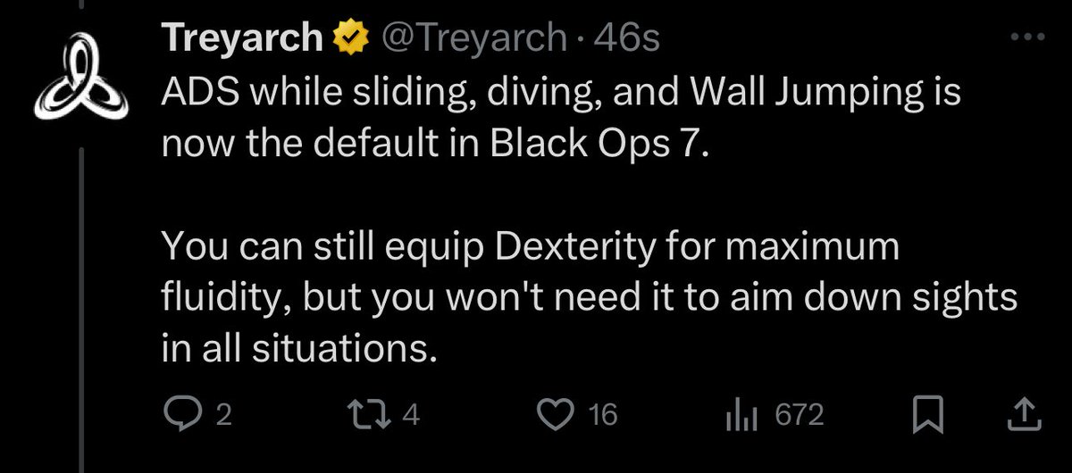 BREAKING: ADS while sliding, diving and wall jumping is now enabled by default in Black Ops 7 after beta feedback.
