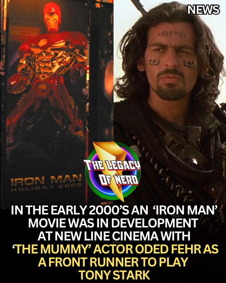 thelegacyofnerd's tweet image. An ‘Iron Man’ movie was originally in development in the early 2000’s with ‘The Mummy’ actor Oded Fehr as a front runner to play Tony Stark.
The New Line Cinema movie ultimately fell through and the rights reverted back to Marvel who made their own movie with Robert Downey Jr.