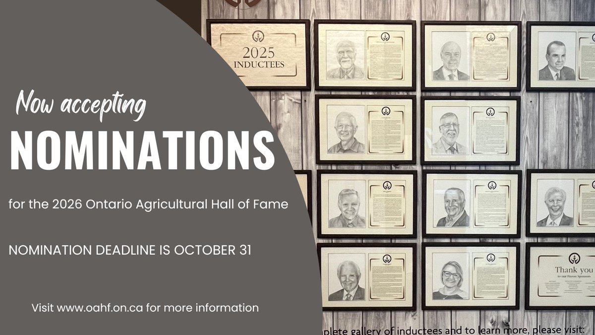 Nominations for the 2026 Ontario Agricultural Hall of Fame close this Friday, October 31st!

Visit oahf.on.ca/induction-proc… for the nomination form and guidelines.