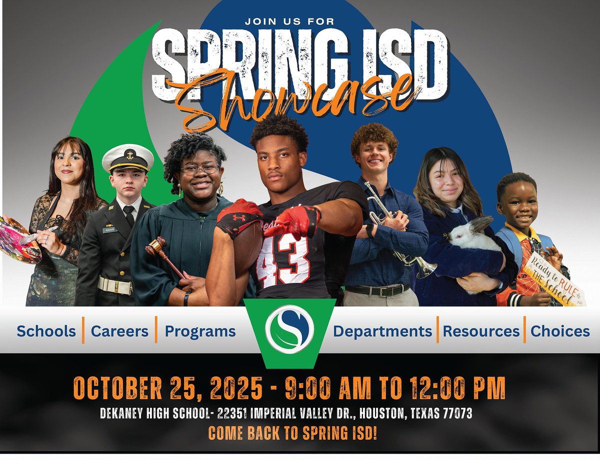 SpringISD's tweet image. Don’t miss the Spring ISD Showcase on Oct. 25 at Dekaney HS! Come see our amazing students, programs, and schools in action. Join us 9 a.m.–12 p.m.! @SISD_CoA