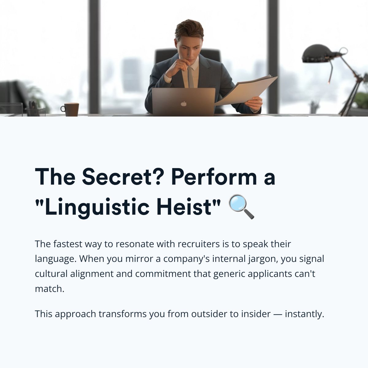 JobscanCo's tweet image. Sound like you already work there before you even get an interview. 🤝
The fastest way to resonate with recruiters is to speak their language. You can use AI to perform a "linguistic heist" on your target company's internal jargon.
This signals an unparalleled level of…