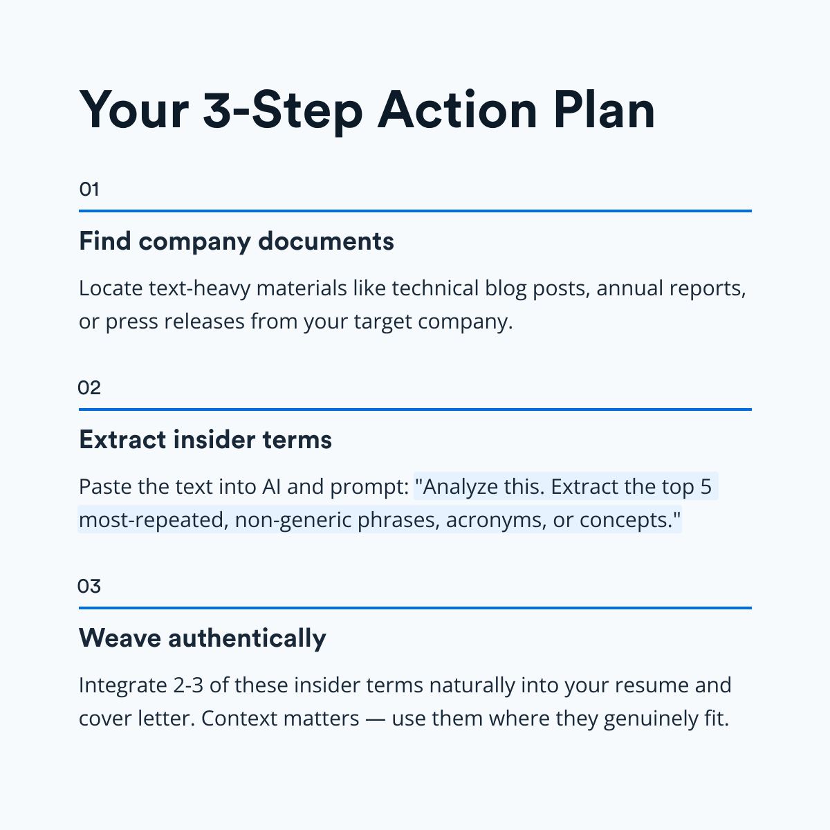 JobscanCo's tweet image. Sound like you already work there before you even get an interview. 🤝
The fastest way to resonate with recruiters is to speak their language. You can use AI to perform a "linguistic heist" on your target company's internal jargon.
This signals an unparalleled level of…