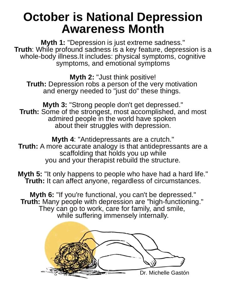 JuliusKizito10's tweet image. Depression is not a sign of #weakness, and it isn’t something you can simply &quot;snap out of.&quot;

Myth after myth fuels stigma and delays care. 

Understanding, support, and professional help are essential for recovery.  #DepressionAwarenessMonth