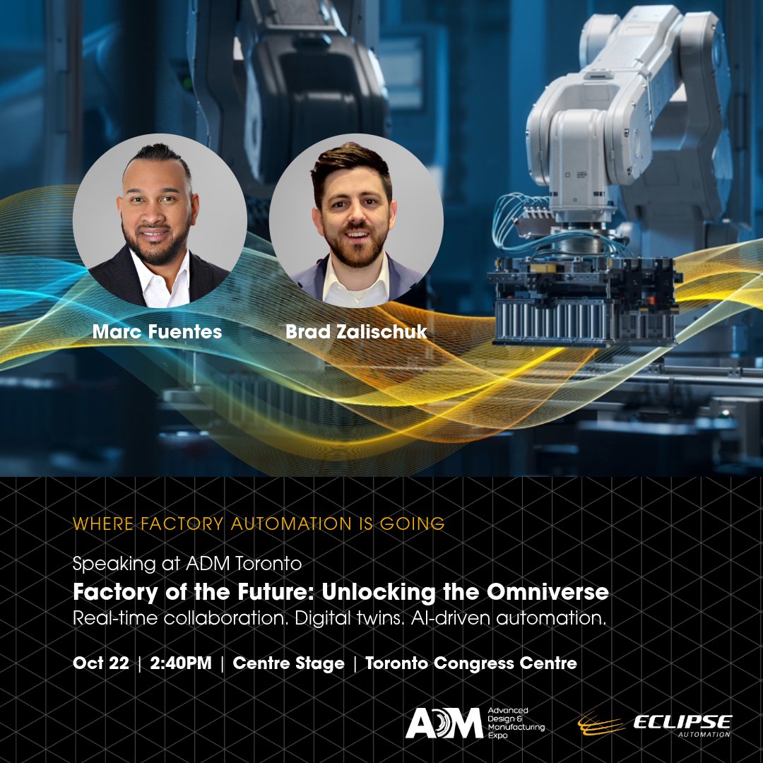 eclipseautomate's tweet image. Tomorrow at #ADMExpo TO! Marc Fuentes & Brad Zalischuk explore the future of #DigitalManufacturing in the era of #PhysicalAI — and how Eclipse Automation is leading the way.
📅 Oct 22 | 2:40–3:20 PM
🎤 Factory of the Future: Unlocking the Omniverse for Advanced Manufacturing