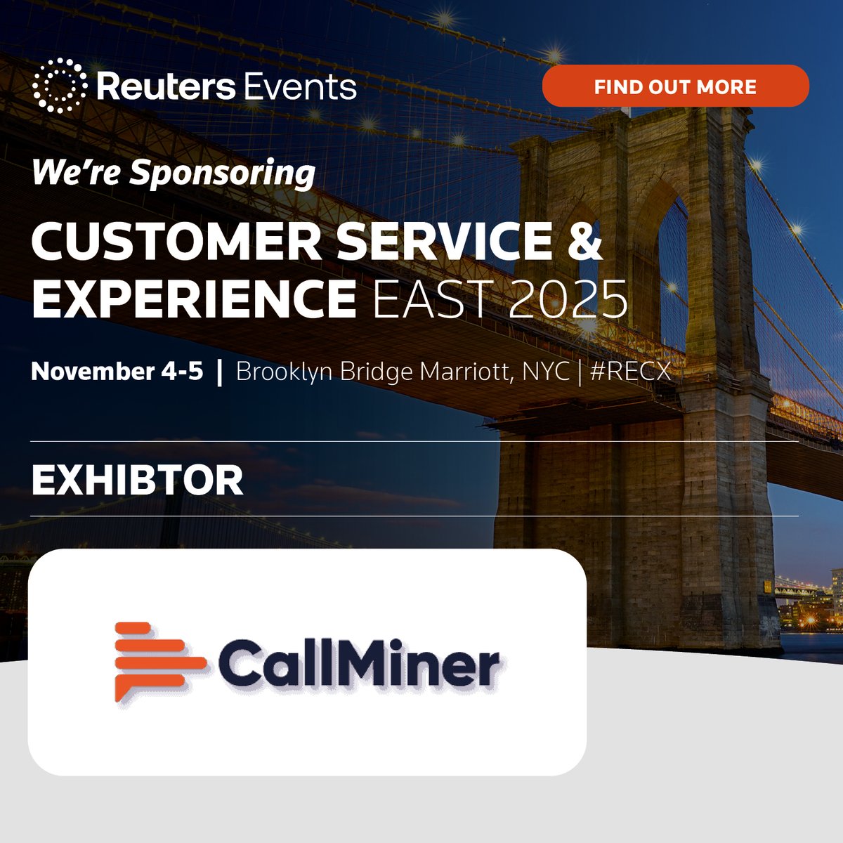 CallMiner's tweet image. The CallMiner team is heading to NYC for @Reuters Customer Service &amp;amp; Experience West 2025, Nov. 4-5!

Stop by booth #12 to learn how #AI-powered insights and automation can elevate #CX &amp;amp; empower agents. #RECX #ReutersEvents ow.ly/R7zK50Xf3oz