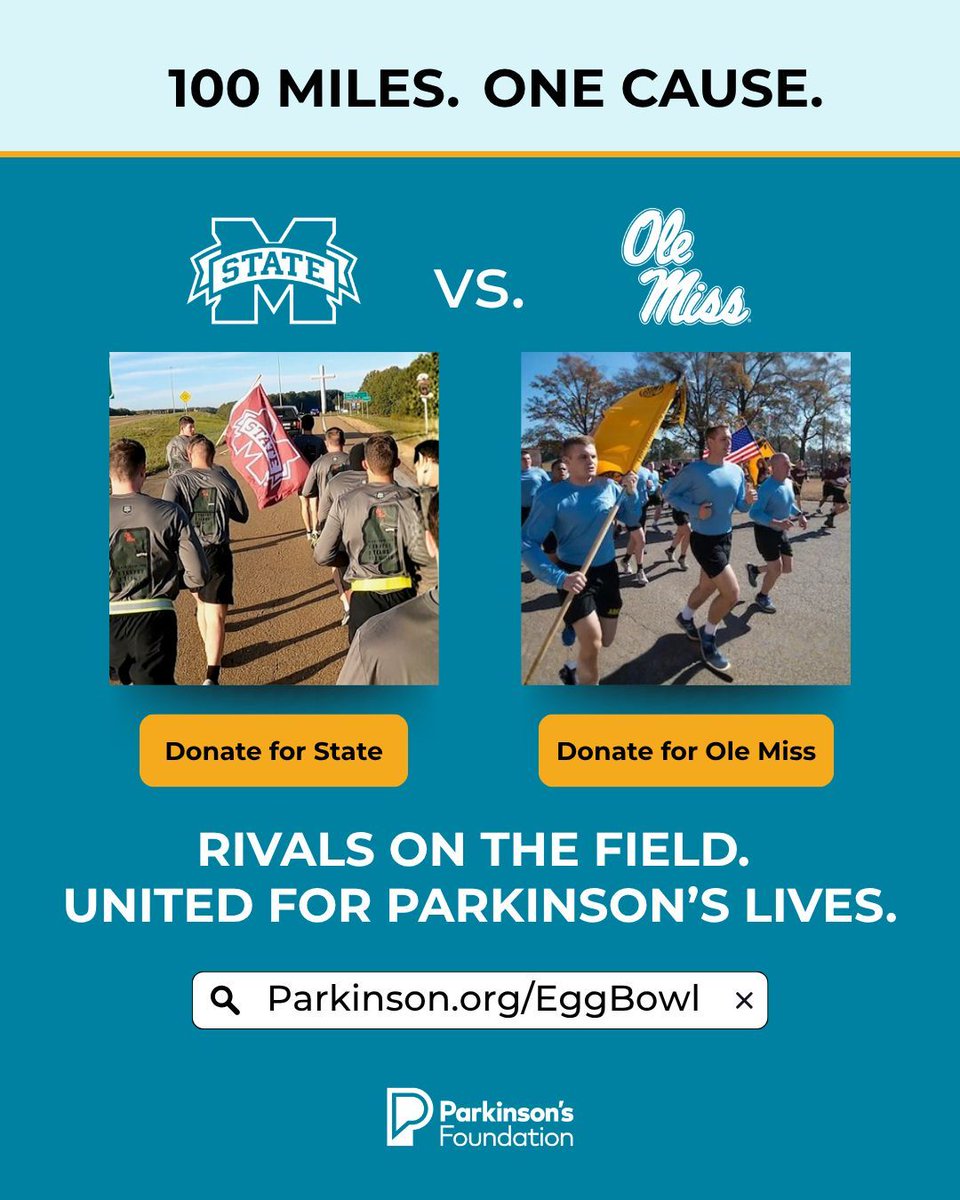 💙❤️ The battle for the Egg Bowl starts early — and this year, it’s for more than bragging rights. ROTC Cadets from Mississippi State and Ole Miss are running 100 miles to support the Parkinson’s Foundation. 🏈 Donate to your team’s page today → Parkinson.org/EggBowl