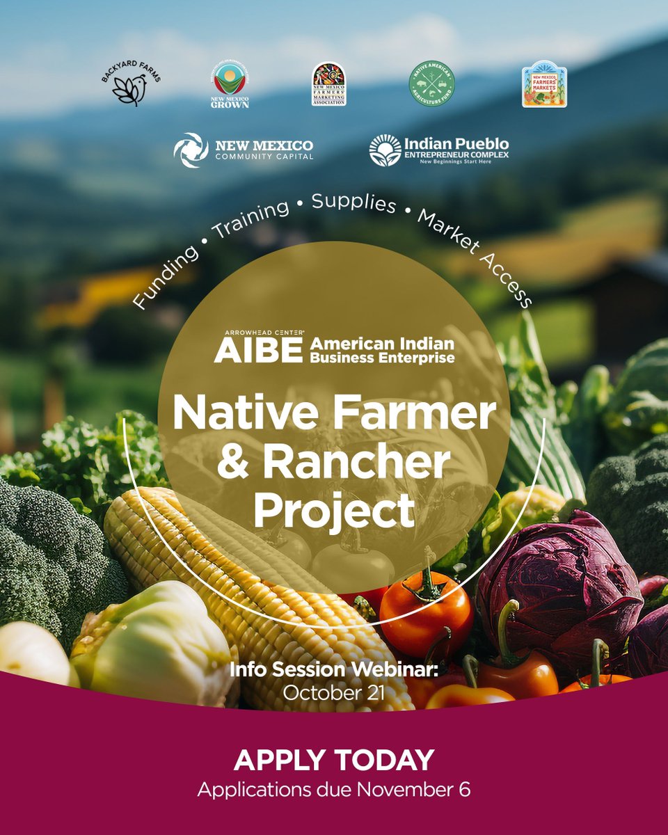 📢Don't miss out! The AIBE Native Farmer Project, funded by <a href="/NativeAgFund/">Native American Agriculture Fund</a>, is now accepting applications. This is a great opportunity for Native farmers and ranchers to access key resources. 

Deadline: November 6, 2025. Apply today: buff.ly/Vy3lhbJ