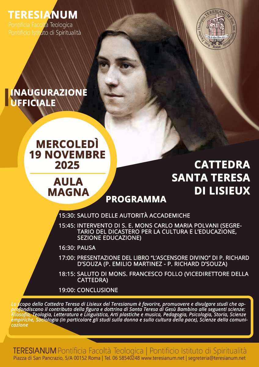 La nostra Facoltà del Teresianum è lieta di invitare tutti all’inaugurazione della Cattedra “S. Teresa di Lisieux”, che si terrà mercoledì 19.11.25 presso l’Aula Magna. Il programma dell’incontro è disponibile sul volante sotto.