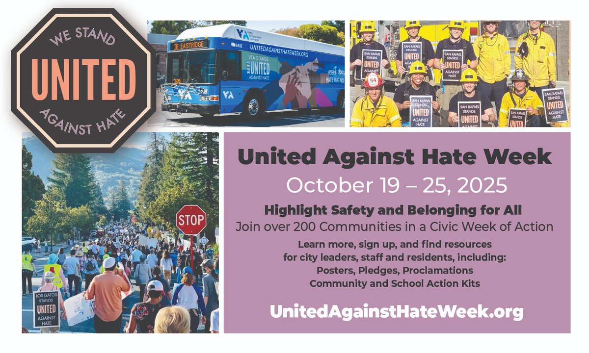 Take a stand against hate!
Learn more, sign up, and find resources for city leaders, staff and residents, including:
Posters, Pledges, Proclamations, Community and School Action Kits
#UnitedAgainstHateWeek Learn how to take action: unitedagainsthateweek.org <a href="/UAHWeek/">United Against Hate Week - Nov. 13-19, 2022</a>