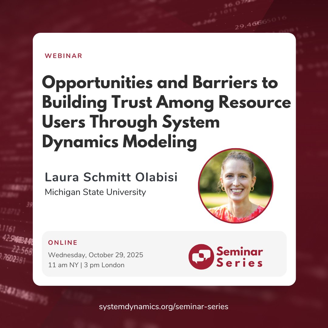 systemdynamics_'s tweet image. 🚀 FREE EVENT! ▶️ Opportunities and Barriers to Building Trust Among Resource Users Through #SystemDynamics Modeling with Laura Schmitt Olabis of Michigan State University
📅 October 29 @ 11:00 am - 12:00 pm EDT
🔗 RSVP and learn more: ow.ly/FccZ50Xfs31
#SeminarSeries