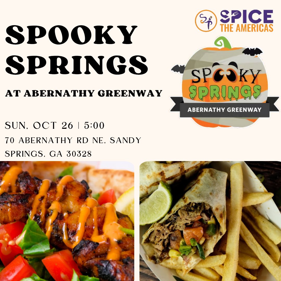 Catch us at Spooky Springs at Abernathy Greenway THIS Sunday! 🎃🔥 Come taste the boldness! 🌶️ #SpiceTheAmericas #SpookySprings #AtlantaFoodies #FoodTruckFam #WeekendFun #BoldFlavors