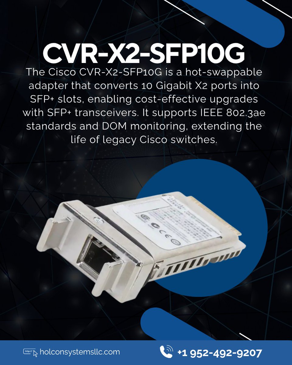 exciscokit's tweet image. The Cisco CVR-X2-SFP10G is a powerful, hot-swappable adapter that transforms 10 Gigabit X2 ports into flexible SFP+ slots for seamless connectivity. 
#holconsystems #networkingsolutions #ithardware #networkefficiency  #businessconnectivity