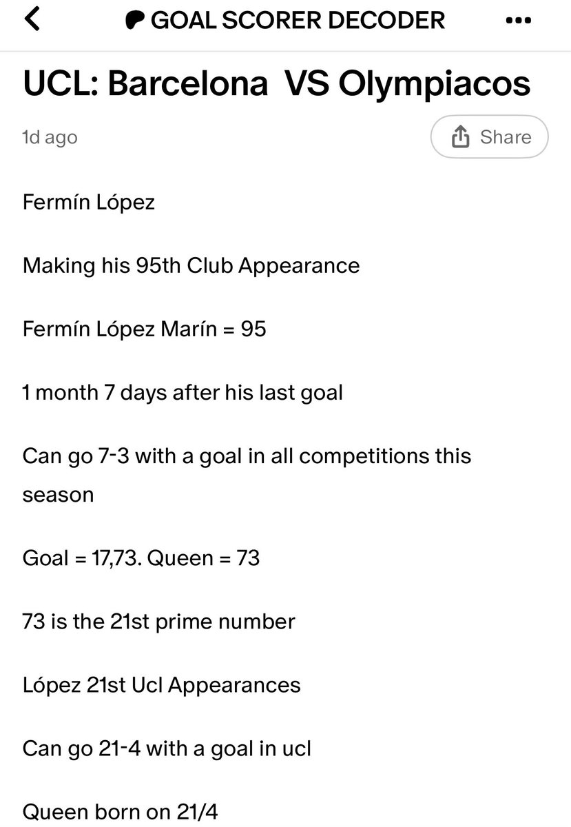 JamaicanDecoder's tweet image. Fermín López
Making his 95th Club Appearance
Fermín López Marín = 95
1 month 7 days after his last goal
Can go 7-3 with a goal in all competitions this season
Goal = 17,73. Queen = 73
73 is the 21st prime number
López 21st Ucl Appearances
Can go 21-4 with a goal in ucl