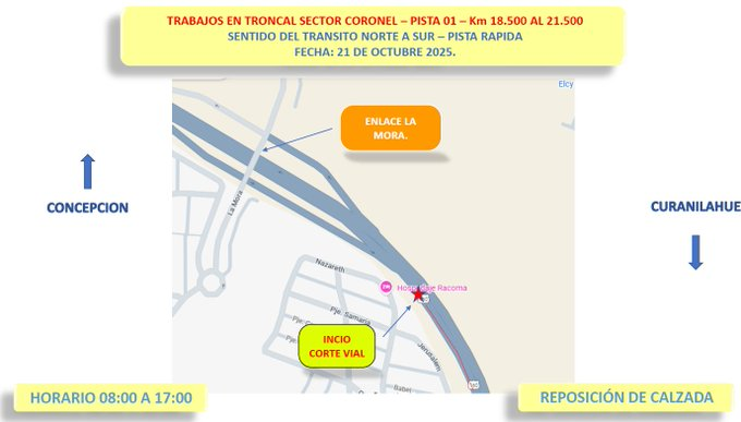 #REITERAMOS🚧⚠️Trabajos de mantención de pavimentos en el tramo Villa Bicentenario-Paso Inferior Patagual sector Coronel, sentido norte-sur pista rápida segregada. Conduce atento a la señalización. <a href="/MOPBiobio/">Seremi MOP Biobío</a> <a href="/mop_chile/">Ministerio de Obras Públicas🇨🇱</a> <a href="/radio_donmatias/">Radio Don Matías</a> <a href="/CEBioBio/">CE Biobio</a>