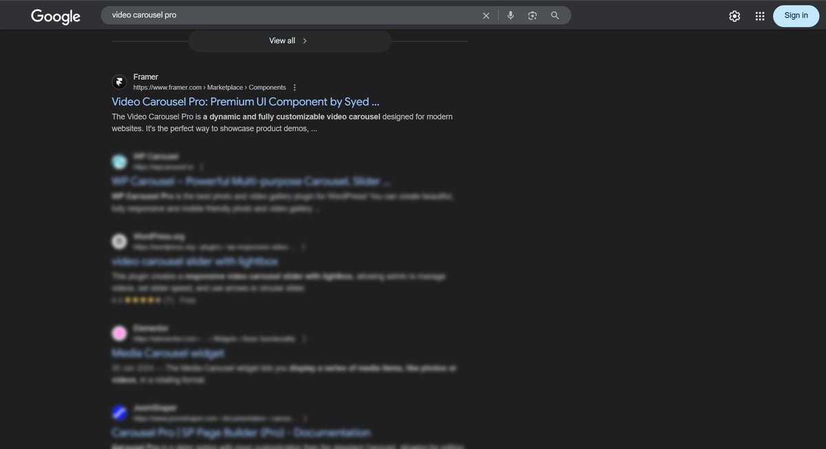 Tahoor_Ali's tweet image. Just found out if you search "Video Carousel Pro", my component shows up as the first result 😭🔥
Even in incognito, @framer is the SEO god fr 🙌